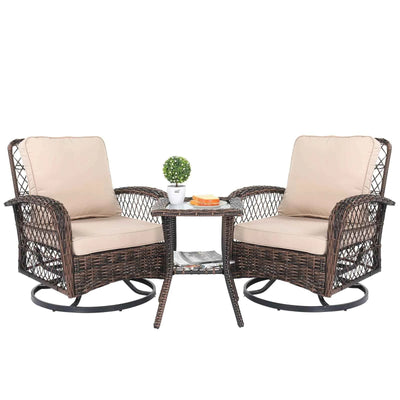 3 Pieces Patio Furniture Set, Outdoor Swivel Gliders Rocker, Wicker Patio Bistro Brown Gradient Ratt